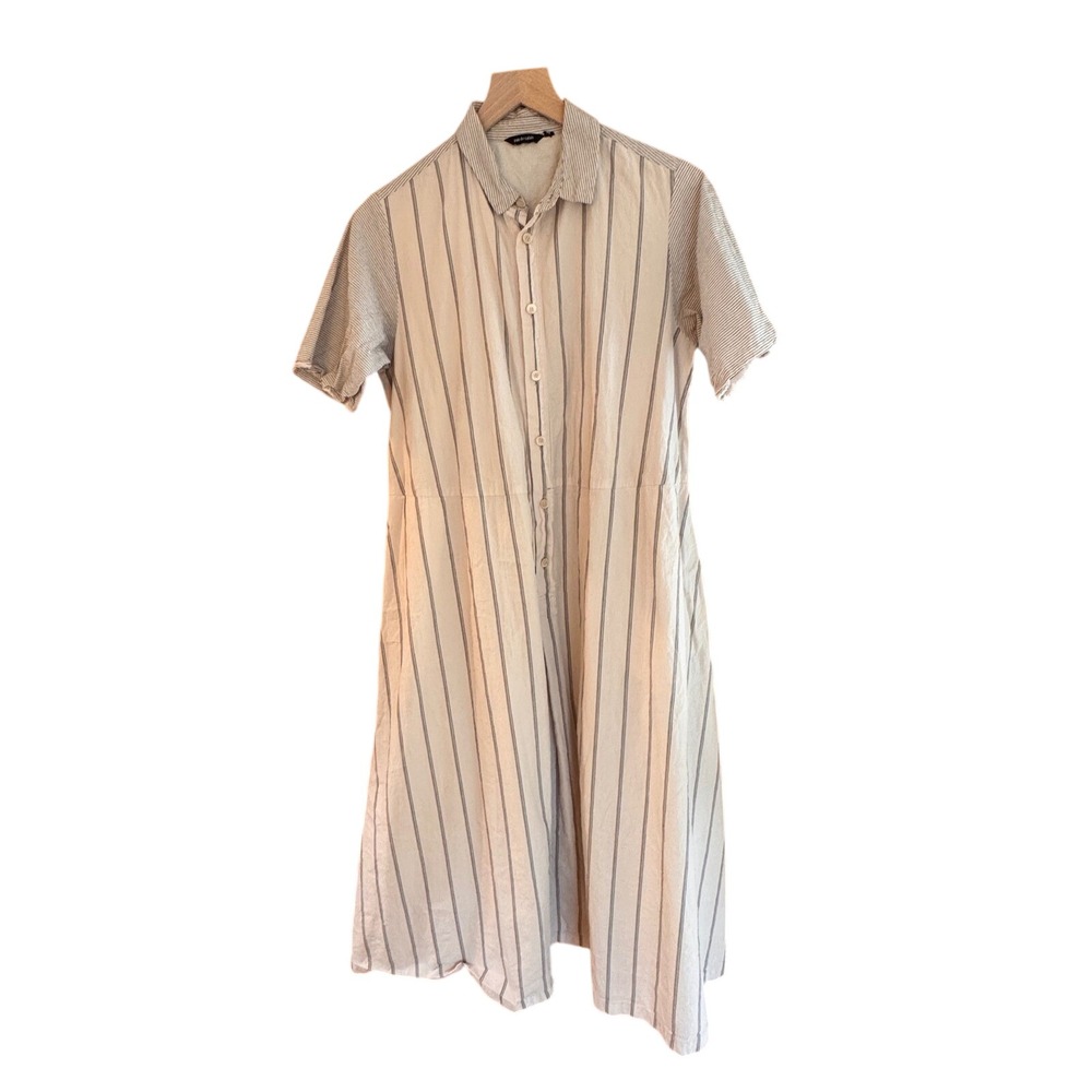 Pas de Calais Striped Cotton Shirt Maxi Dress Japan Frayed Edge Cream Blue XS
